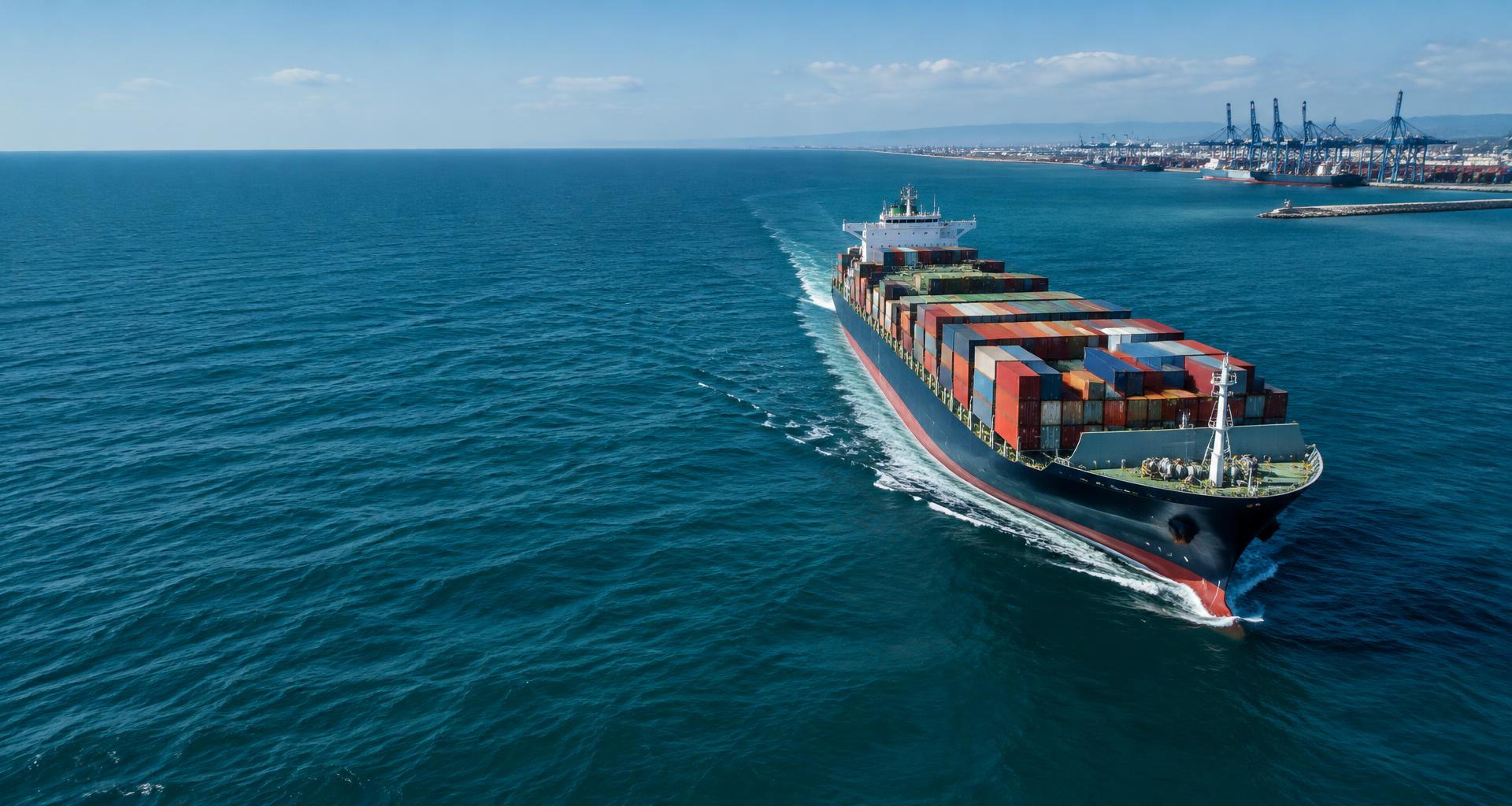 Illustrative container ship and commercial port